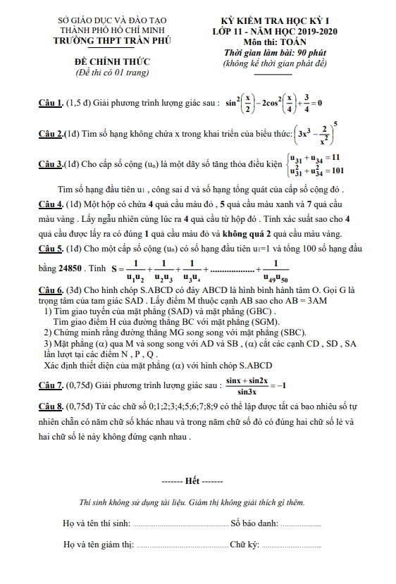 Đề thi HK1 Toán 11 năm 2019 – 2020 trường THPT Trần Phú – TP HCM
