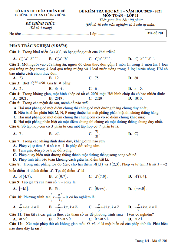 Đề thi HK1 Toán 11 năm 2020 – 2021 trường THPT An Lương Đông – TT Huế