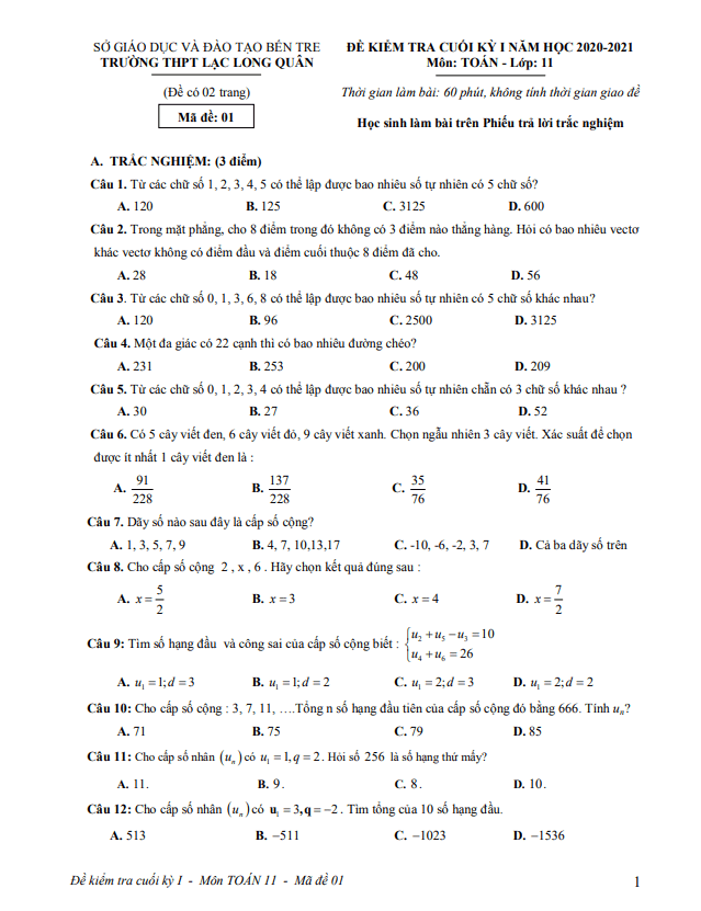 Đề thi HK1 Toán 11 năm 2020 – 2021 trường THPT Lạc Long Quân – Bến Tre