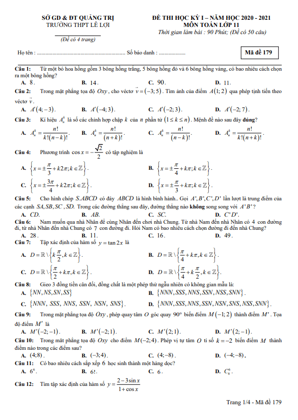 Đề thi HK1 Toán 11 năm 2020 – 2021 trường THPT Lê Lợi – Quảng Trị