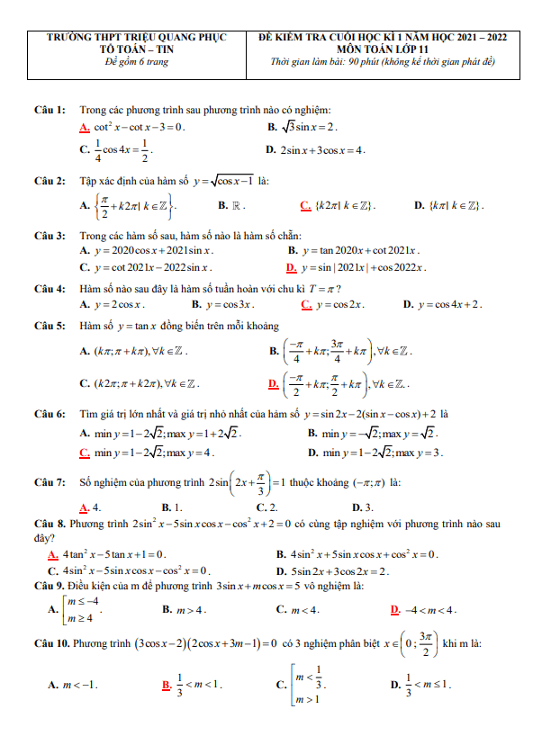 Đề thi HK1 Toán 11 năm 2021 – 2022 trường THPT Triệu Quang Phục – Hưng Yên