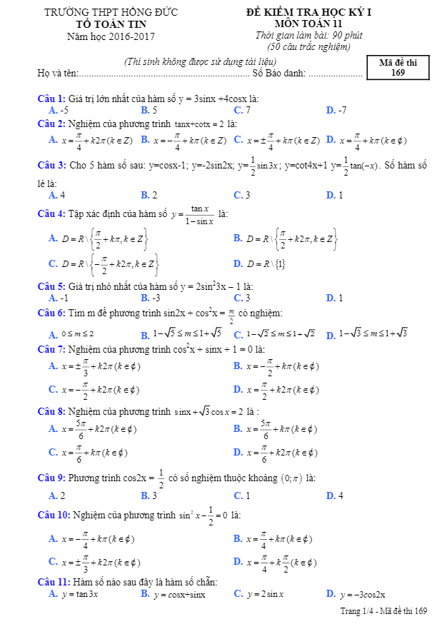 Đề thi HK1 Toán 11 năm học 2016 – 2017 trường THPT Hồng Đức – Đăk Lăk