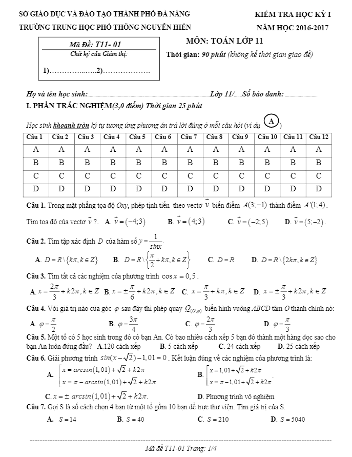 Đề thi HK1 Toán 11 năm học 2016 – 2017 trường THPT Nguyễn Hiền – Đà Nẵng
