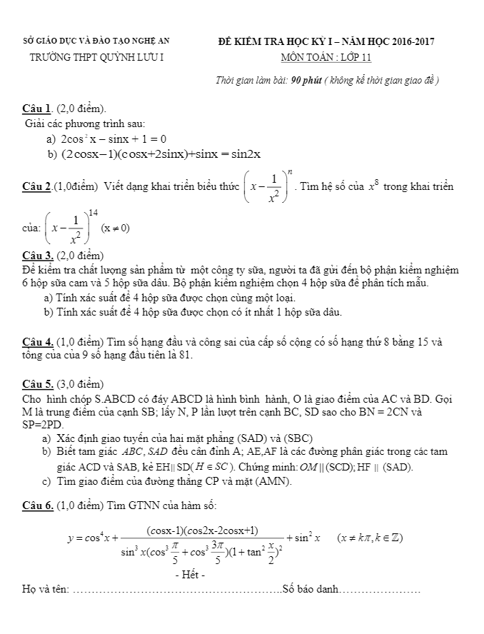 Đề thi HK1 Toán 11 năm học 2016 – 2017 trường THPT Quỳnh Lưu 1 – Nghệ An