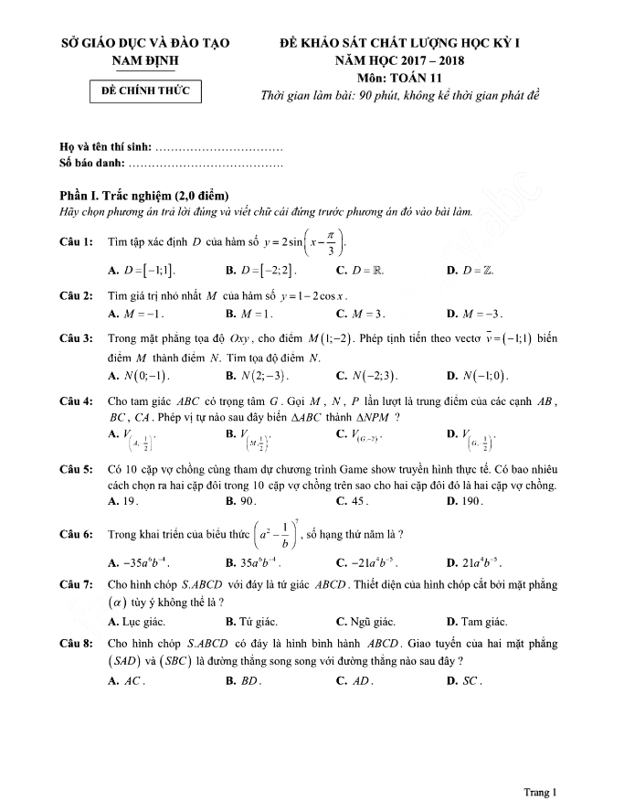 Đề thi HK1 Toán 11 năm học 2017 – 2018 sở GD và ĐT Nam Định