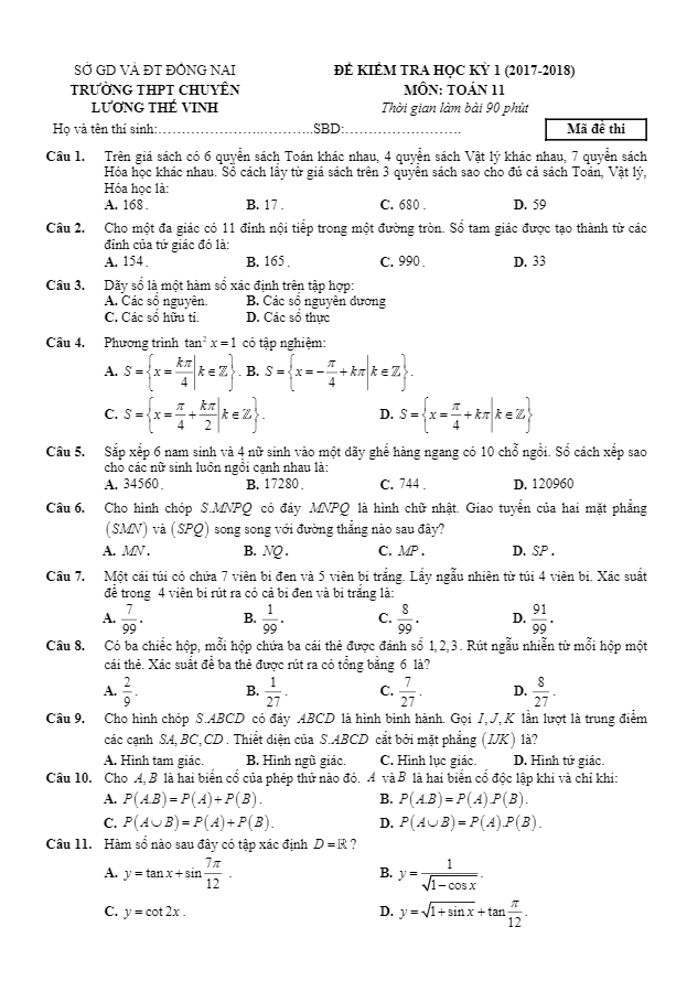 Đề thi HK1 Toán 11 năm học 2017 – 2018 trường THPT chuyên Lương Thế Vinh – Đồng Nai