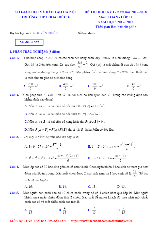 Đề thi HK1 Toán 11 năm học 2017 – 2018 trường THPT Hoài Đức A – Hà Nội