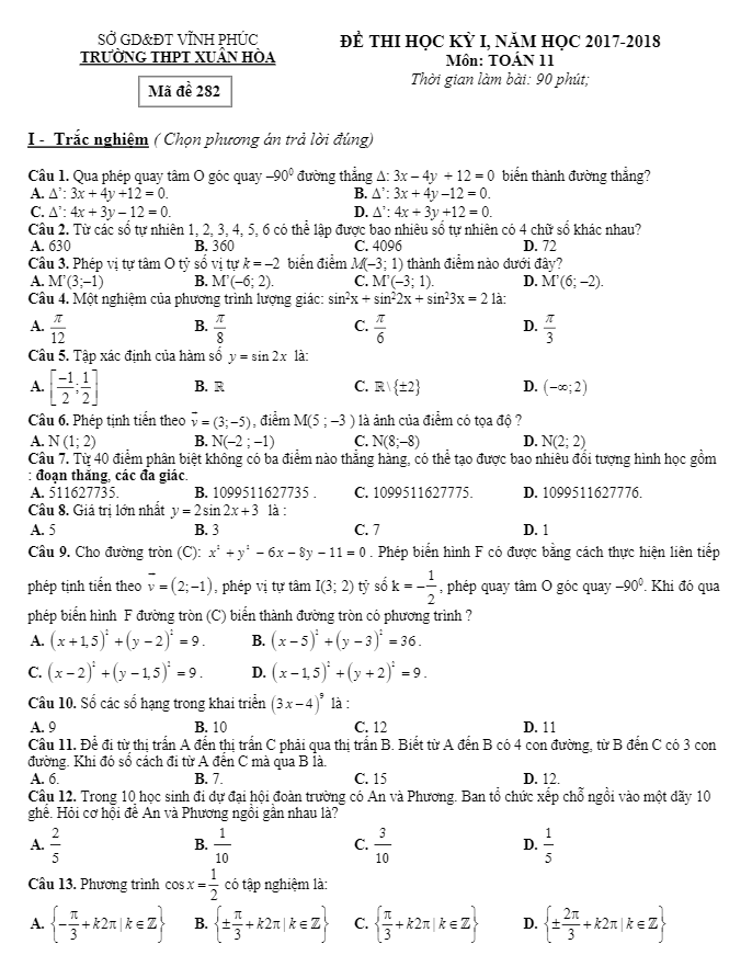 Đề thi HK1 Toán 11 năm học 2017 – 2018 trường THPT Xuân Hòa – Vĩnh Phúc