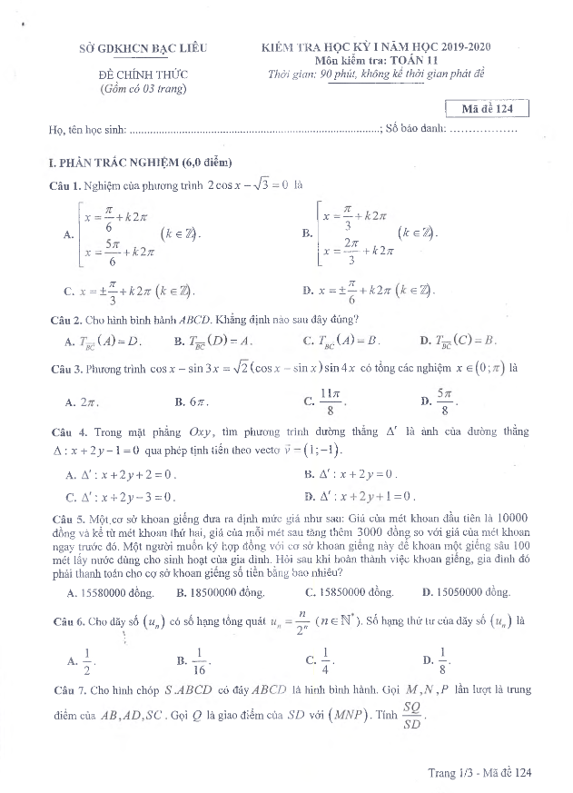 Đề thi HK1 Toán 11 năm học 2019 – 2020 sở GDKHCN Bạc Liêu