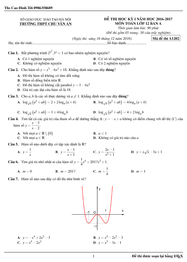 Đề thi HK1 Toán 12 ban A năm học 2016 – 2017 trường Chu Văn An – Hà Nội