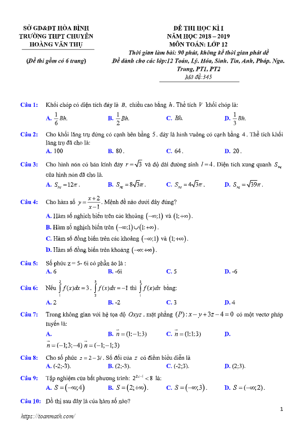 Đề thi HK1 Toán 12 năm 2018 – 2019 trường chuyên Hoàng Văn Thụ – Hòa Bình