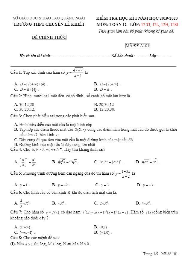 Đề thi HK1 Toán 12 năm 2019 – 2020 trường chuyên Lê Khiết – Quảng Ngãi