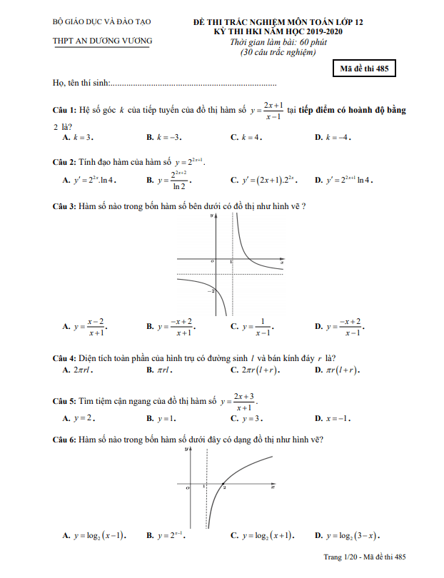 Đề thi HK1 Toán 12 năm 2019 – 2020 trường THPT An Dương Vương – TP HCM