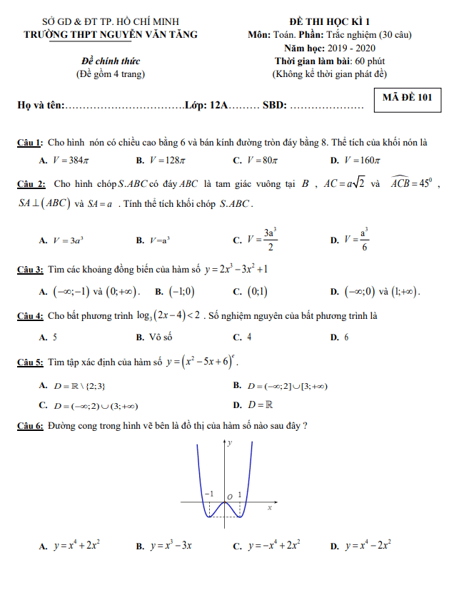 Đề thi HK1 Toán 12 năm 2019 – 2020 trường THPT Nguyễn Văn Tăng – TP HCM