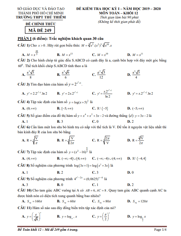 Đề thi HK1 Toán 12 năm 2019 – 2020 trường THPT Thủ Thiêm – TP HCM