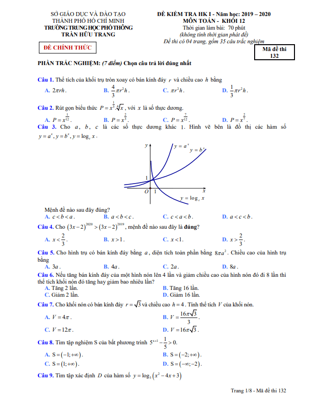 Đề thi HK1 Toán 12 năm 2019 – 2020 trường THPT Trần Hữu Trang – TP HCM