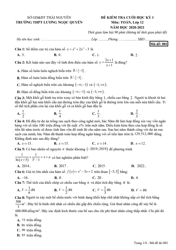 Đề thi HK1 Toán 12 năm 2020 – 2021 trường Lương Ngọc Quyến – Thái Nguyên