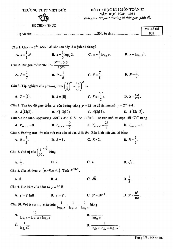 Đề thi HK1 Toán 12 năm 2020 – 2021 trường THPT Việt Đức – Hà Nội
