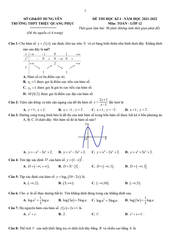 Đề thi HK1 Toán 12 năm 2021 – 2022 trường THPT Triệu Quang Phục – Hưng Yên