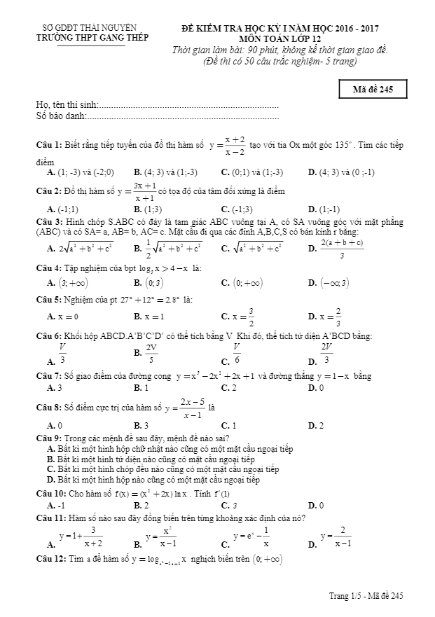 Đề thi HK1 Toán 12 năm học 2016 – 2017 trường THPT Gang Thép – Thái Nguyên