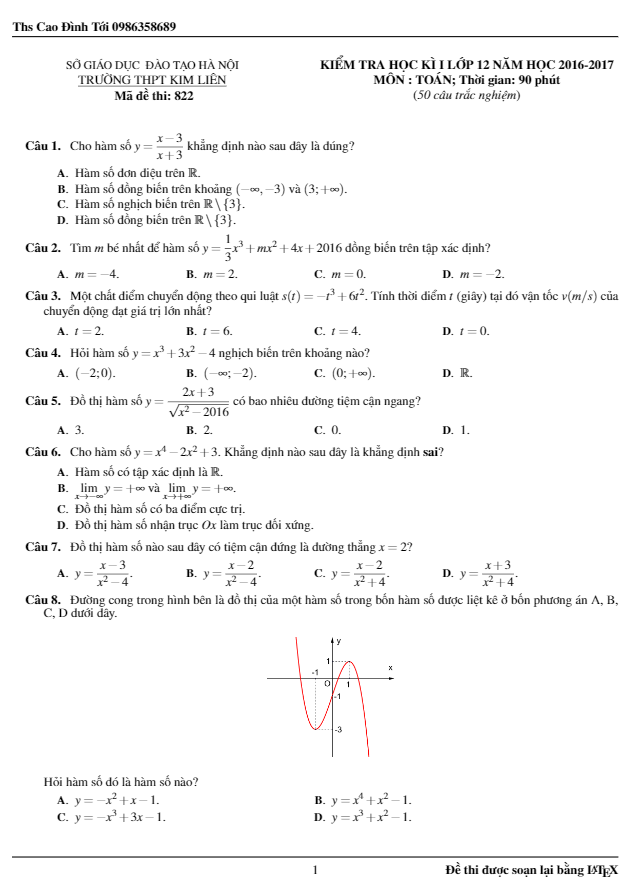 Đề thi HK1 Toán 12 năm học 2016 – 2017 trường THPT Kim Liên – Hà Nội