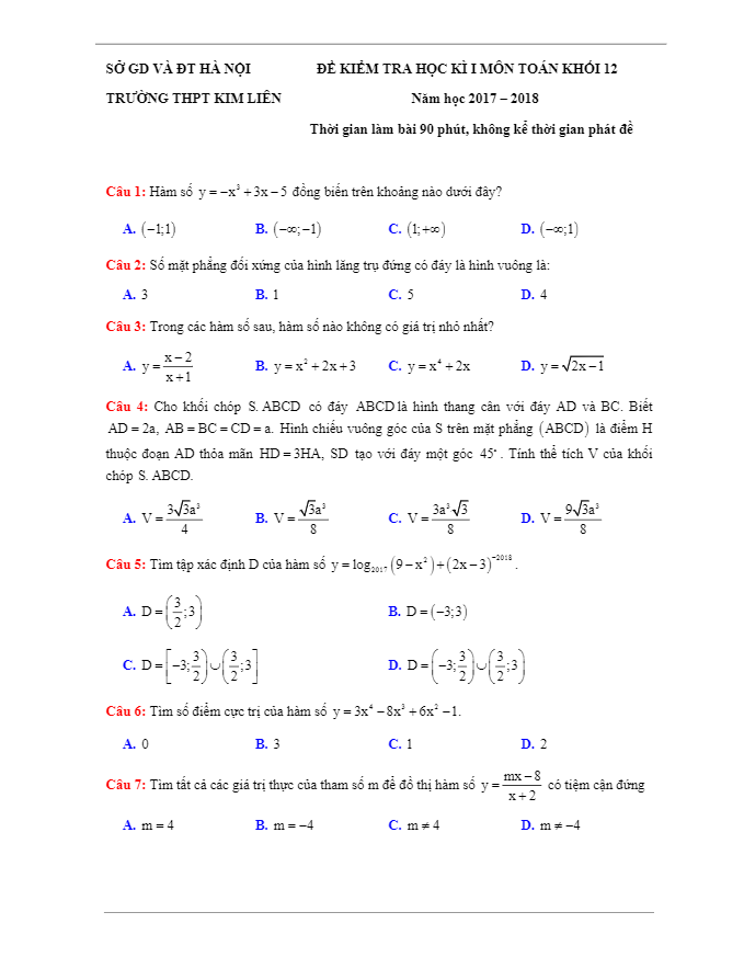 Đề thi HK1 Toán 12 năm học 2017 – 2018 trường THPT Kim Liên – Hà Nội