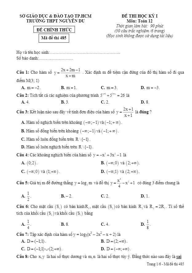 Đề thi HK1 Toán 12 trường THPT Nguyễn Du – TP.HCM