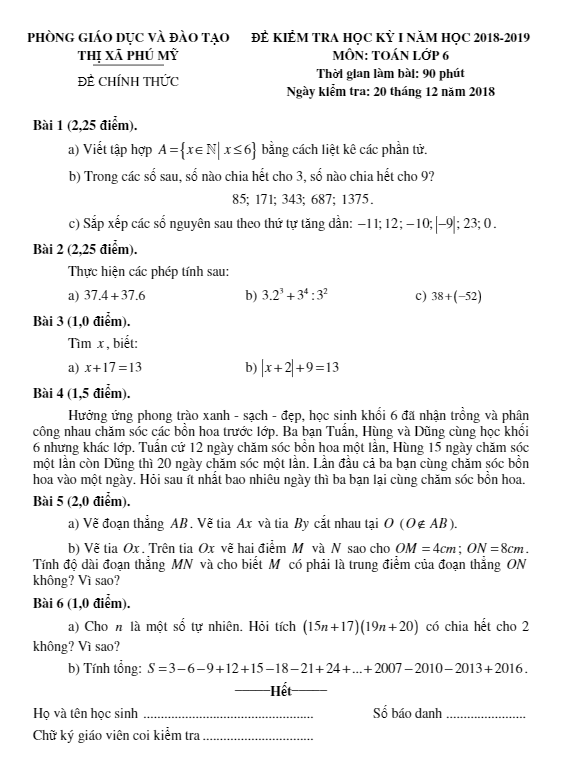 Đề thi HK1 Toán 6 năm 2018 – 2019 phòng GD&ĐT Thị Xã Phú Mỹ – Bà Rịa – Vũng Tàu