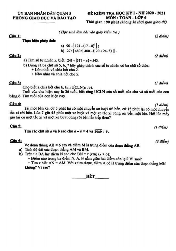 Đề thi HK1 Toán 6 năm 2020 – 2021 phòng GD&ĐT Quận 5 – TP HCM
