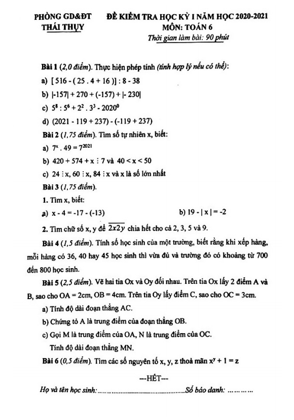 Đề thi HK1 Toán 6 năm 2020 – 2021 phòng GD&ĐT Thái Thụy – Thái Bình