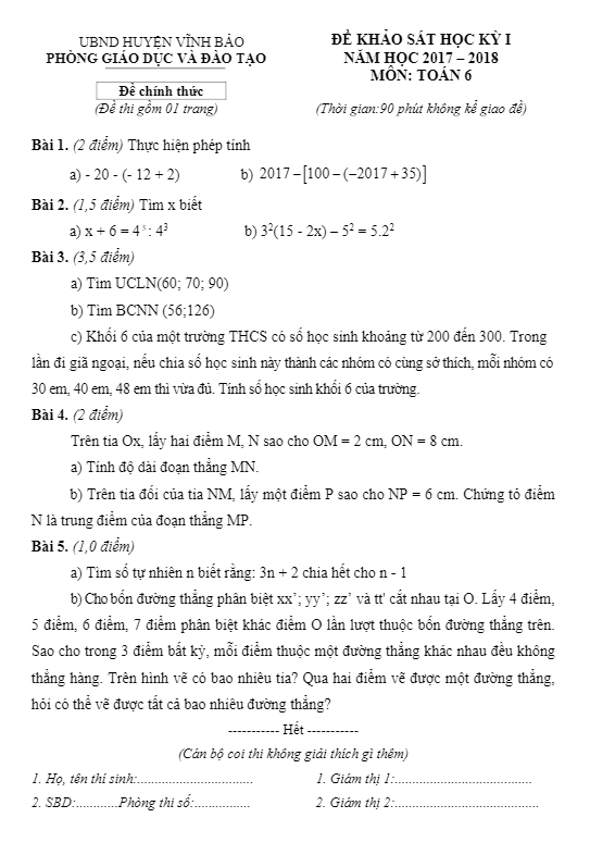 Đề thi HK1 Toán 6 năm học 2017 – 2018 phòng GD và ĐT Vĩnh Bảo – Hải Phòng