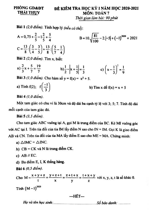Đề thi HK1 Toán 7 năm 2020 – 2021 phòng GD&ĐT Thái Thụy – Thái Bình