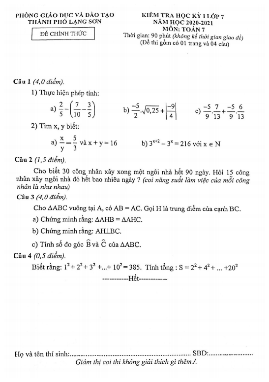 Đề thi HK1 Toán 7 năm 2020 – 2021 phòng GD&ĐT thành phố Lạng Sơn