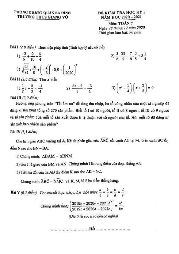 Đề thi HK1 Toán 7 năm 2020 – 2021 trường THCS Giảng Võ – Hà Nội
