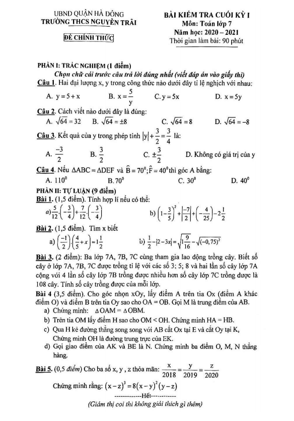 Đề thi HK1 Toán 7 năm 2020 – 2021 trường THCS Nguyễn Trãi – Hà Nội