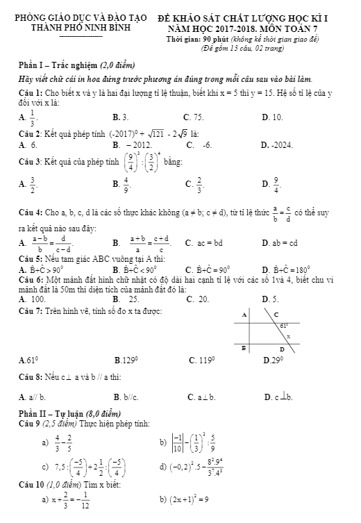 Đề thi HK1 Toán 7 năm học 2017 – 2018 phòng GD và ĐT thành phố Ninh Bình