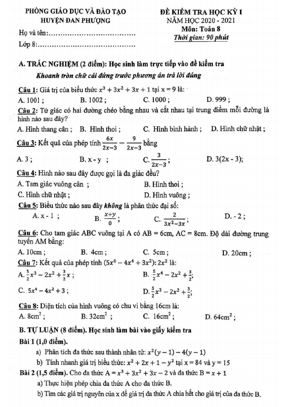 Đề thi HK1 Toán 8 năm 2020 – 2021 phòng GD&ĐT Đan Phượng – Hà Nội