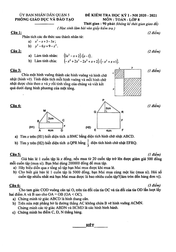 Đề thi HK1 Toán 8 năm 2020 – 2021 phòng GD&ĐT Quận 5 – TP HCM