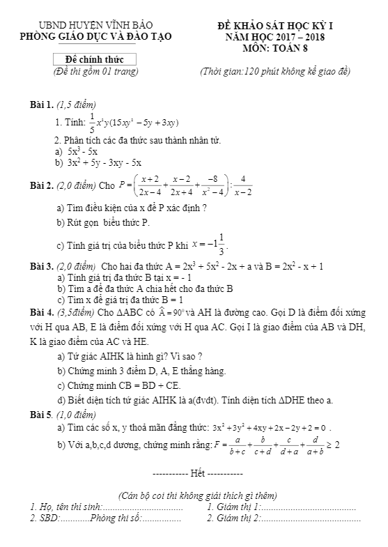Đề thi HK1 Toán 8 năm học 2017 – 2018 phòng GD và ĐT Vĩnh Bảo – Hải Phòng