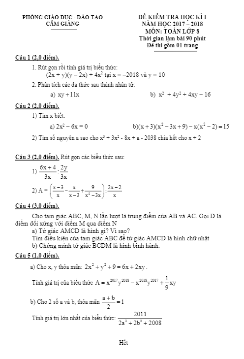 Đề thi HK1 Toán 8 năm học 2017 – 2018 phòng Giáo dục và Đào tạo Cẩm Giàng – Hải Dương