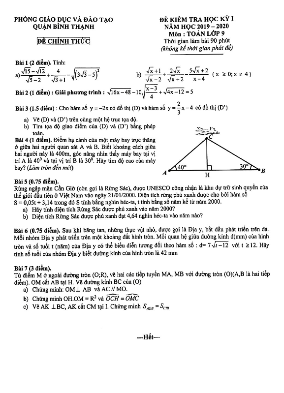 Đề thi HK1 Toán 9 năm 2019 – 2020 phòng GD&ĐT Bình Thạnh – TP HCM