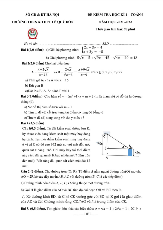 Đề thi HK1 Toán 9 năm 2021 – 2022 trường THCS & THPT Lê Quý Đôn – Hà Nội