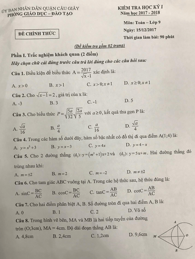 Đề thi HK1 Toán 9 năm học 2017 – 2018 phòng GD và ĐT Cầu Giấy – Hà Nội