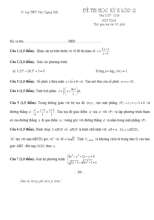 Đề thi HK2 môn Toán 12 trường THPT Trần Quang Khải – TP. HCM năm học 2015 – 2016