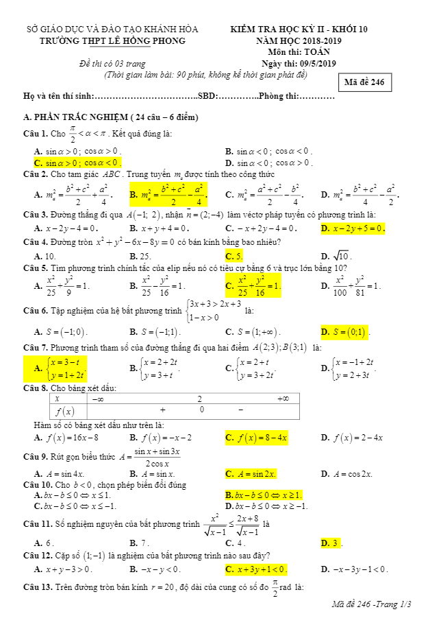 Đề thi HK2 Toán 10 năm 2018 – 2019 trường Lê Hồng Phong – Khánh Hòa