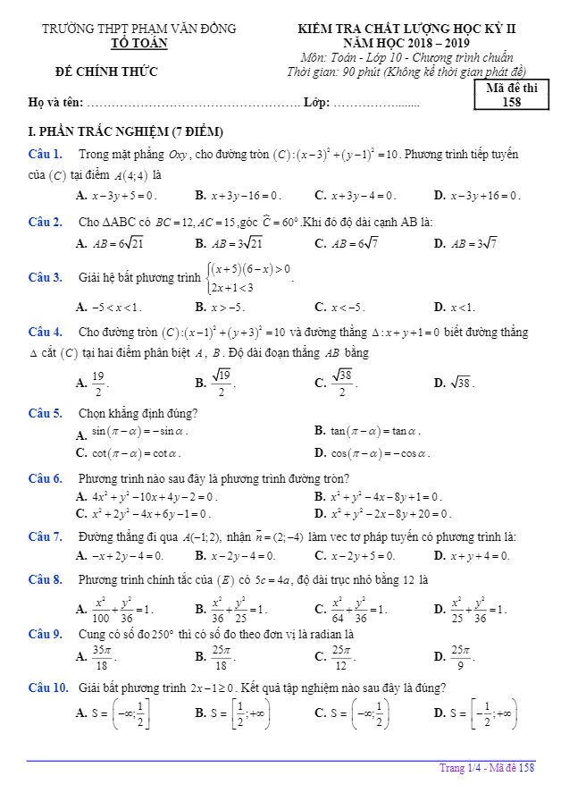 Đề thi HK2 Toán 10 năm 2018 – 2019 trường Phạm Văn Đồng – Quảng Ngãi