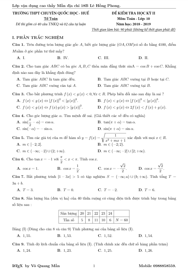 Đề thi HK2 Toán 10 năm 2018 – 2019 trường THPT chuyên Quốc học Huế