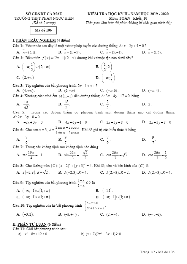 Đề thi HK2 Toán 10 năm 2019 – 2020 trường THPT Phan Ngọc Hiển – Cà Mau