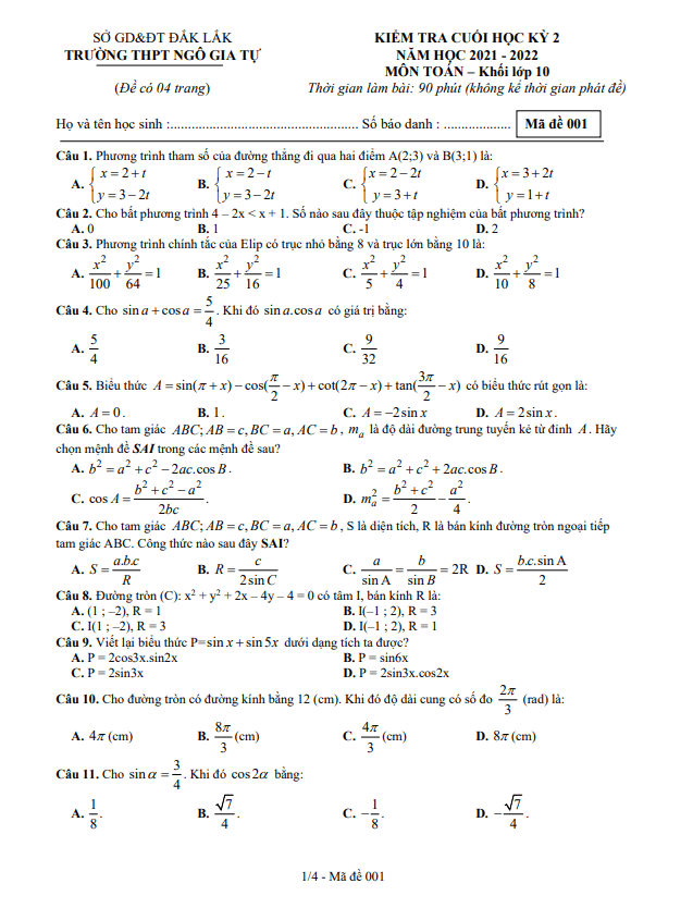 Đề thi HK2 Toán 10 năm 2021 – 2022 trường THPT Ngô Gia Tự – Đắk Lắk