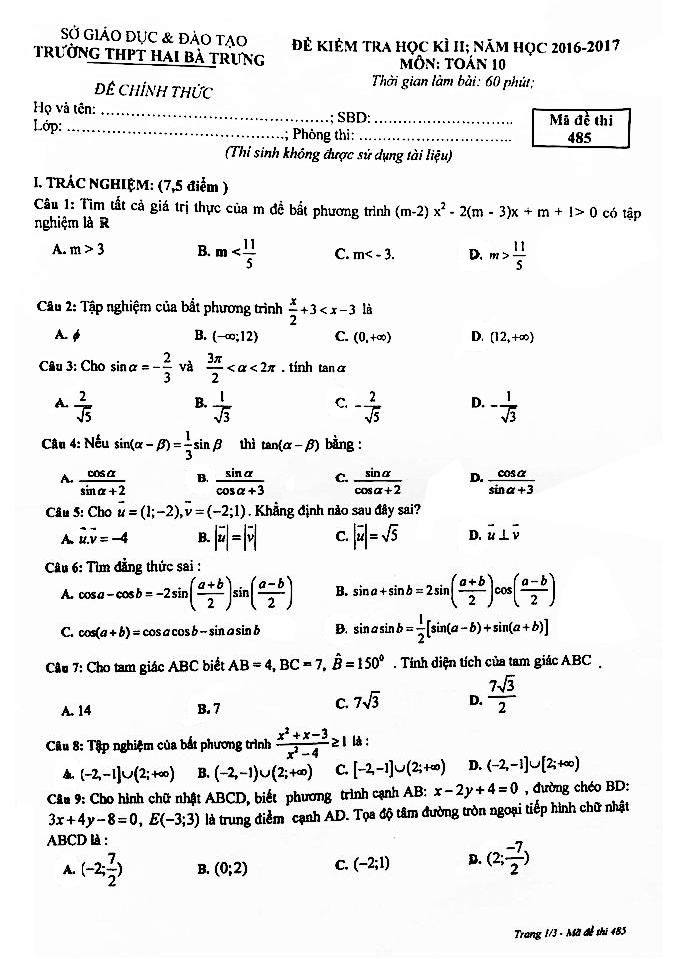 Đề thi HK2 Toán 10 năm học 2016 – 2017 trường THPT Hai Bà Trưng – TT. Huế
